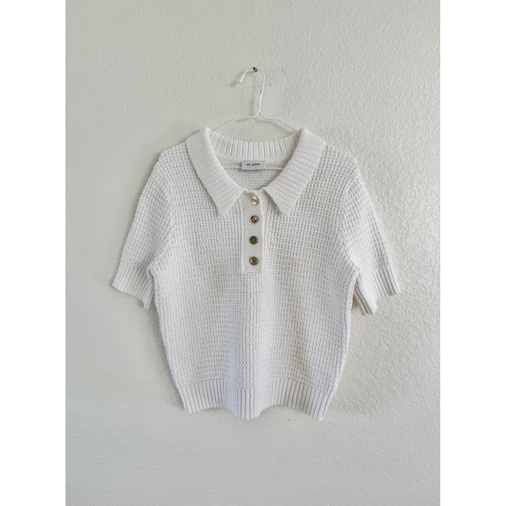 St. John Knit Polo Top Womens Medium Ivory Vintage Gold Button Short Sleeve